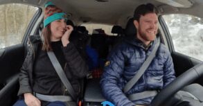 A family in a car, packed up to head to the Ski Resort.